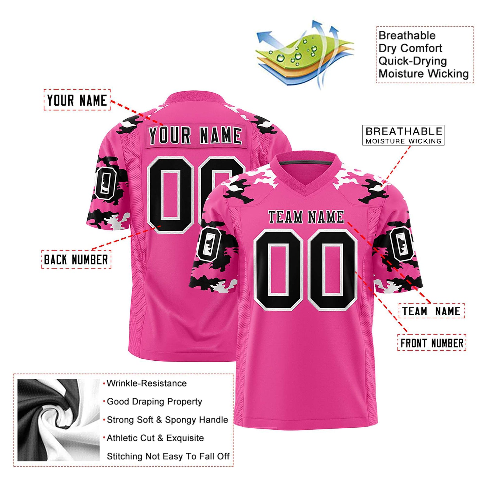 Custom Pink Black-White Mesh Camo Football Jersey