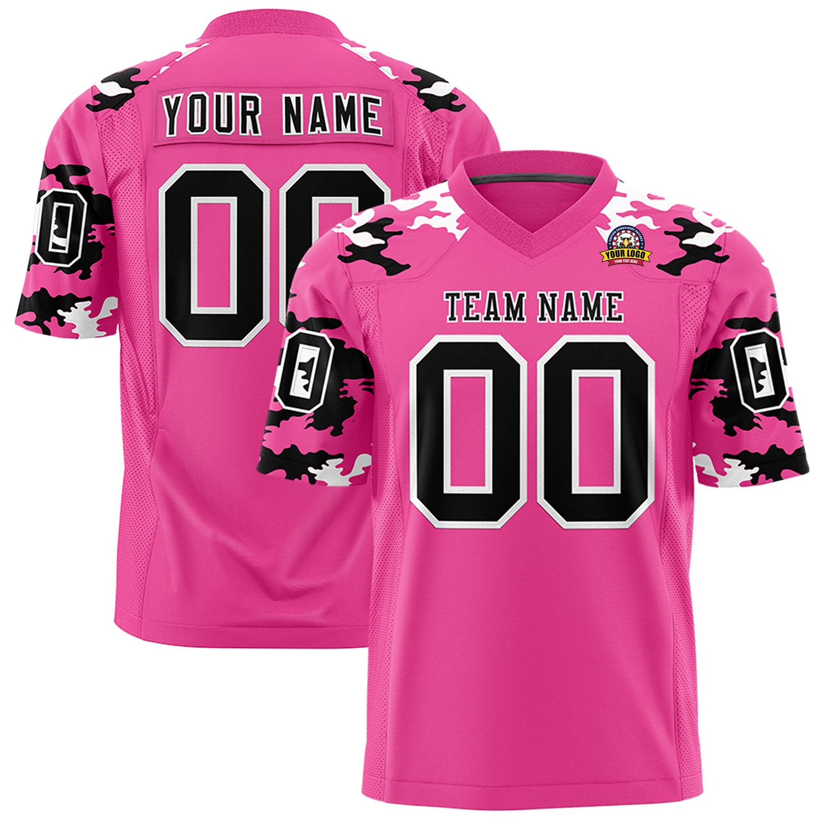 Custom Pink Black-White Mesh Camo Football Jersey