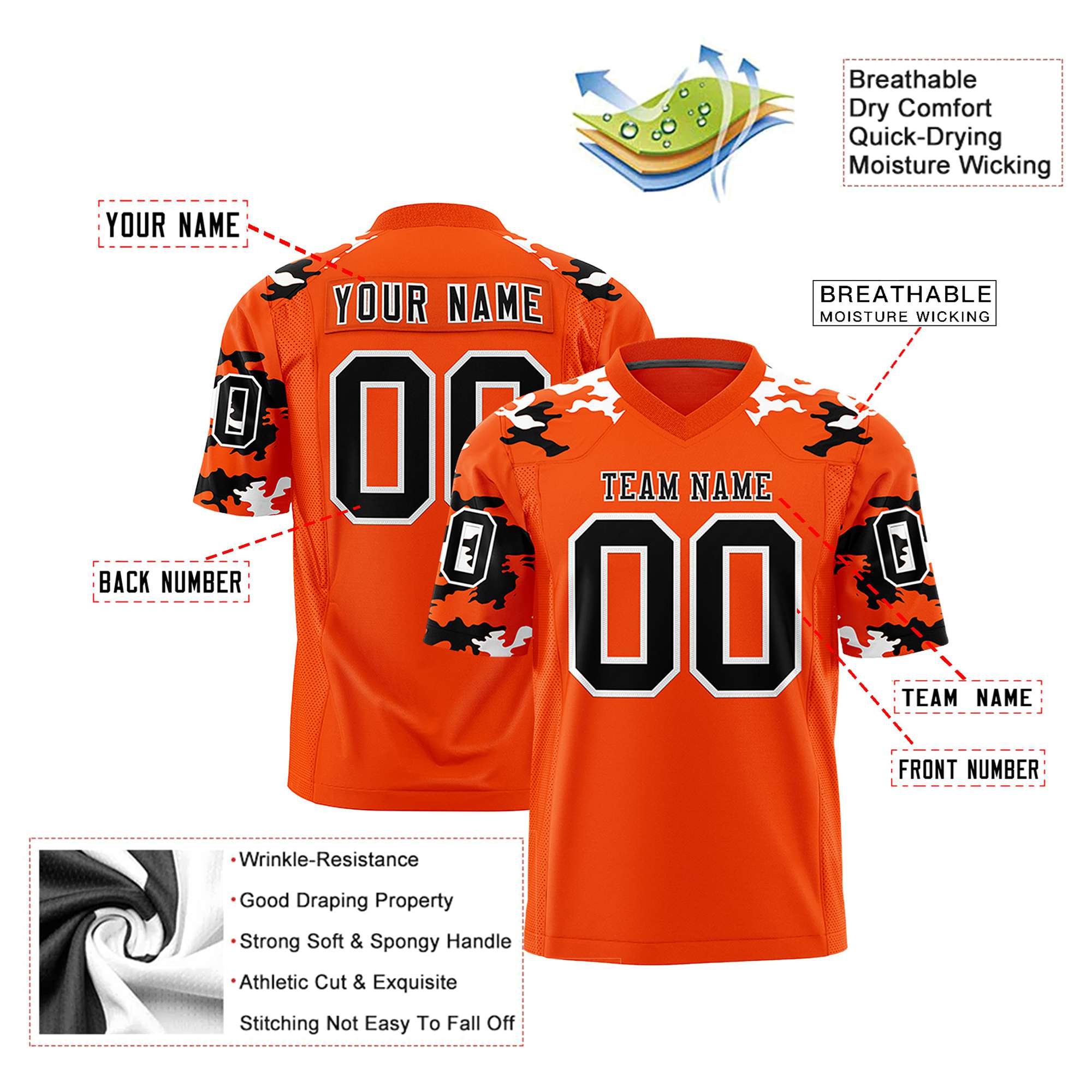 Custom Orange Black-White Mesh Camo Football Jersey