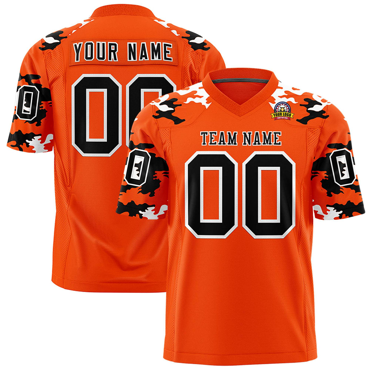 Custom Orange Black-White Mesh Camo Football Jersey