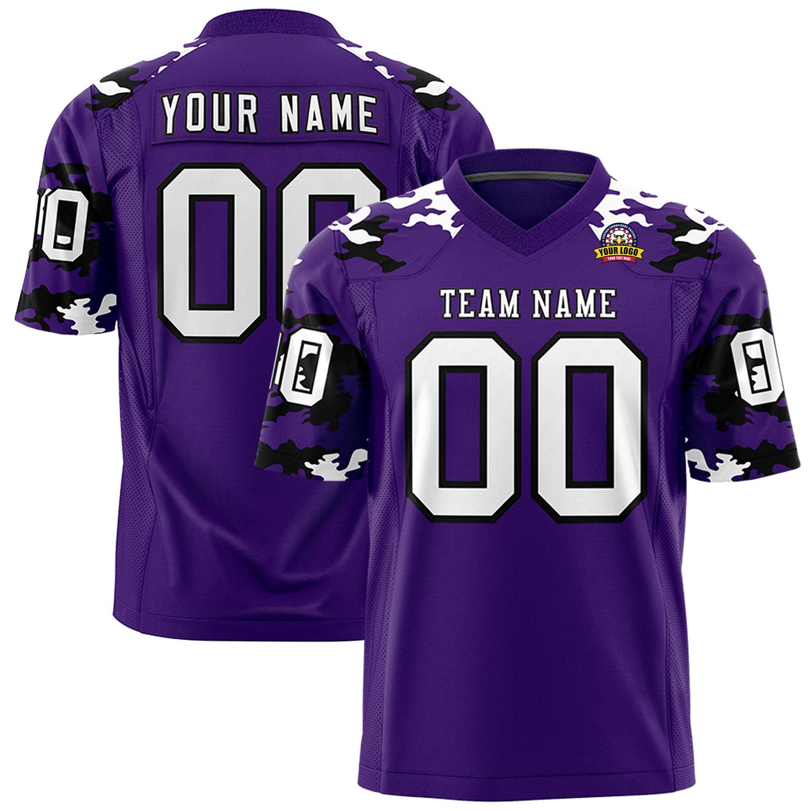 Custom Purple Black-White Mesh Camo Football Jersey