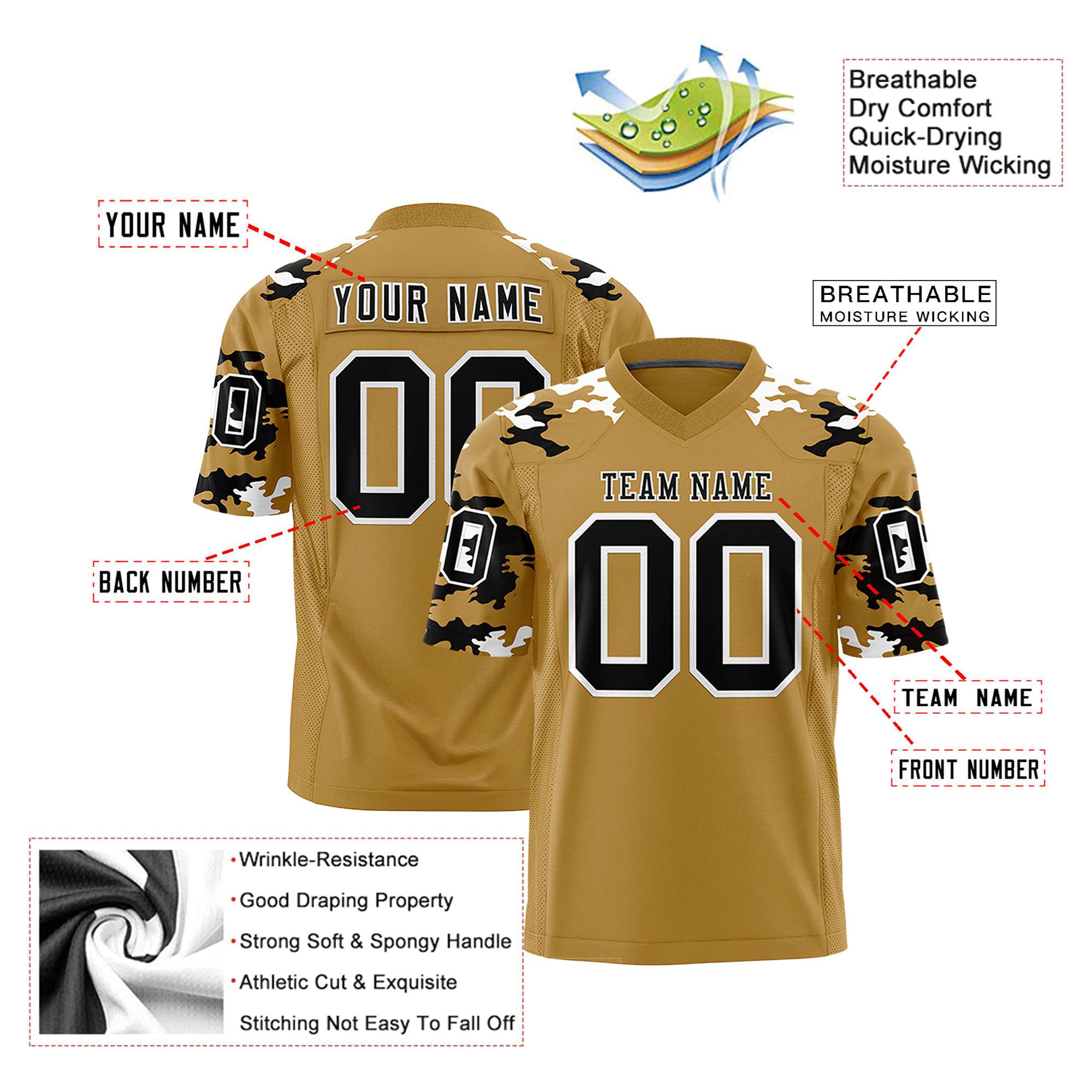 Custom Old Gold Black-White Mesh Camo Football Jersey