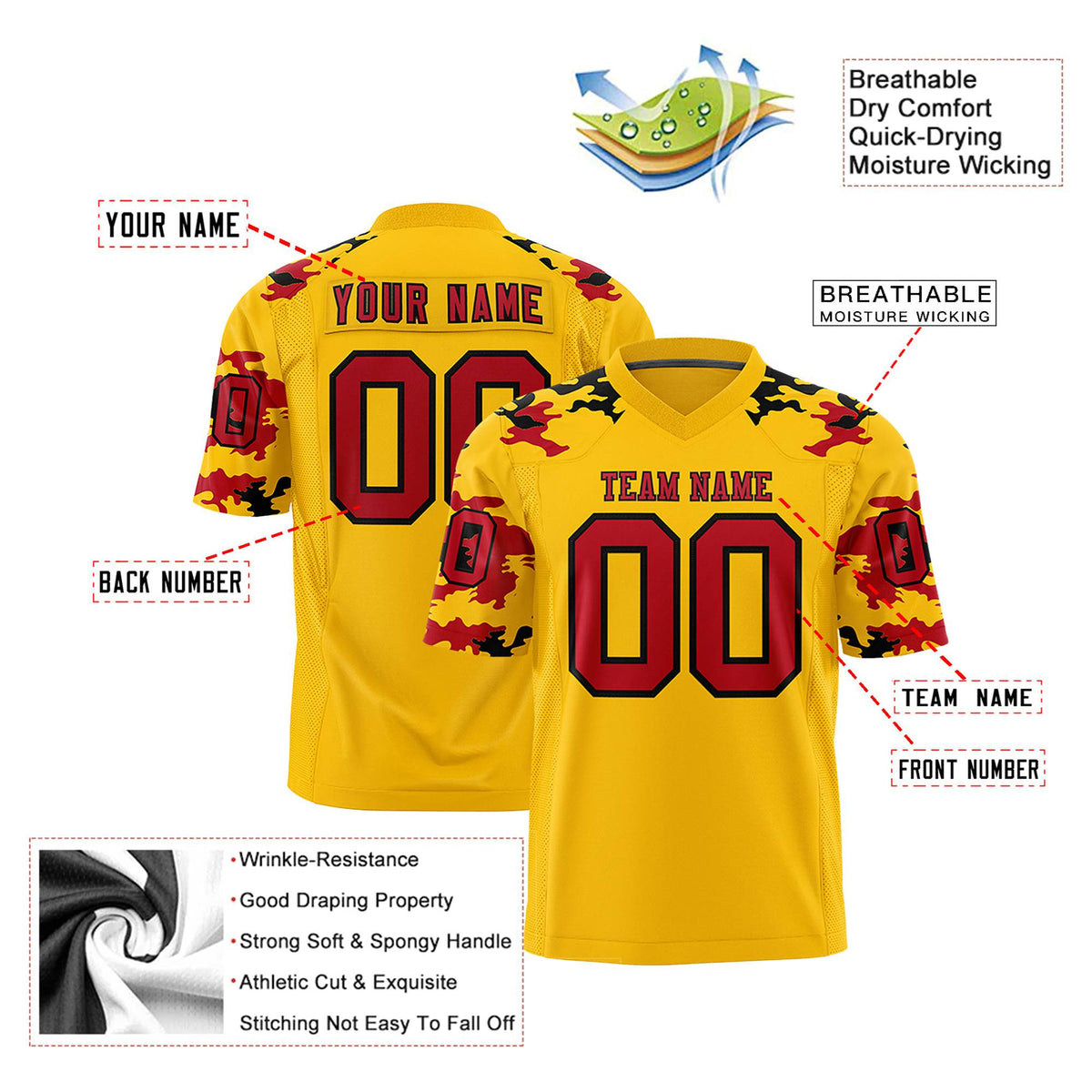 Custom Gold 01 Red-Black Mesh Camo Football Jersey
