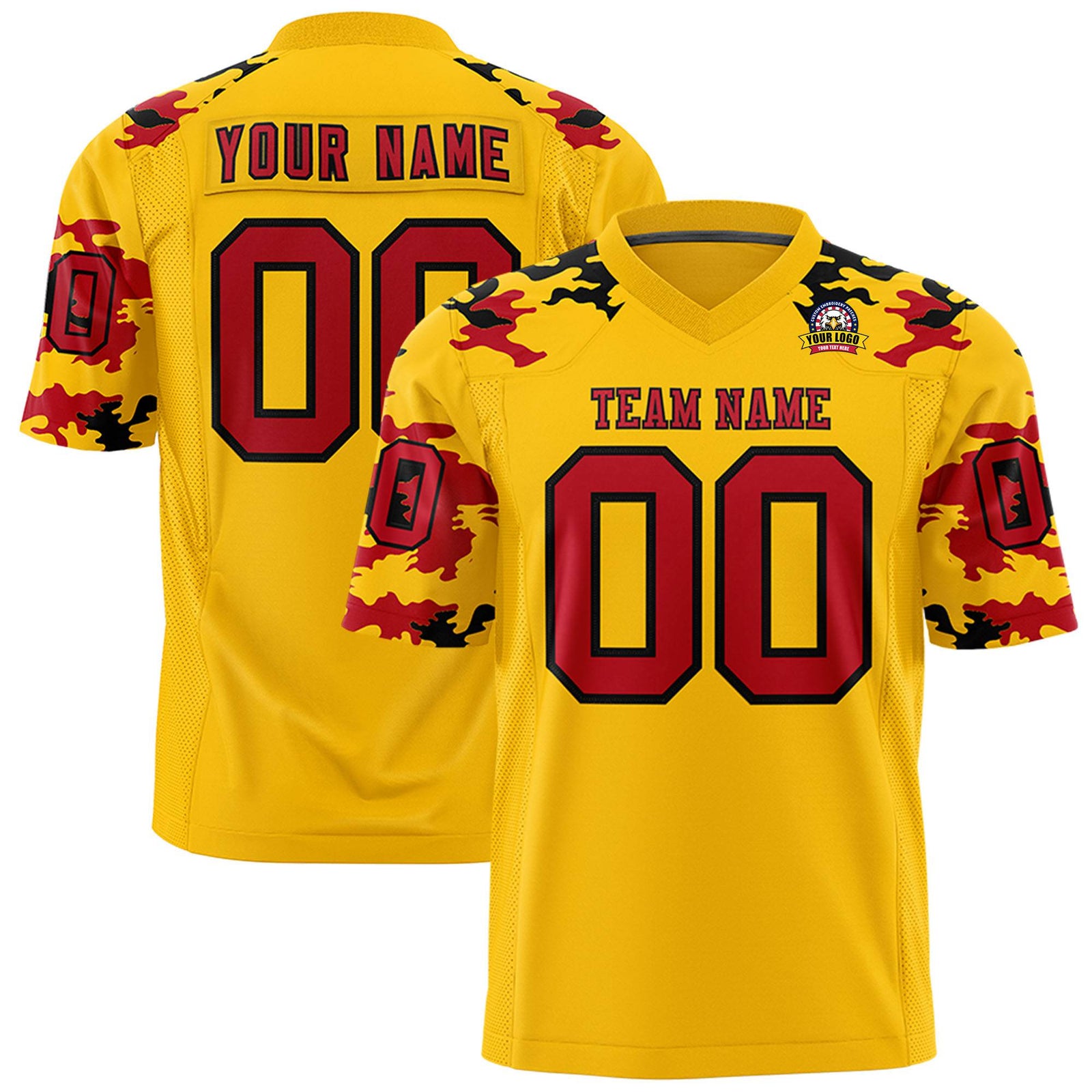 Custom Gold 01 Red-Black Mesh Camo Football Jersey