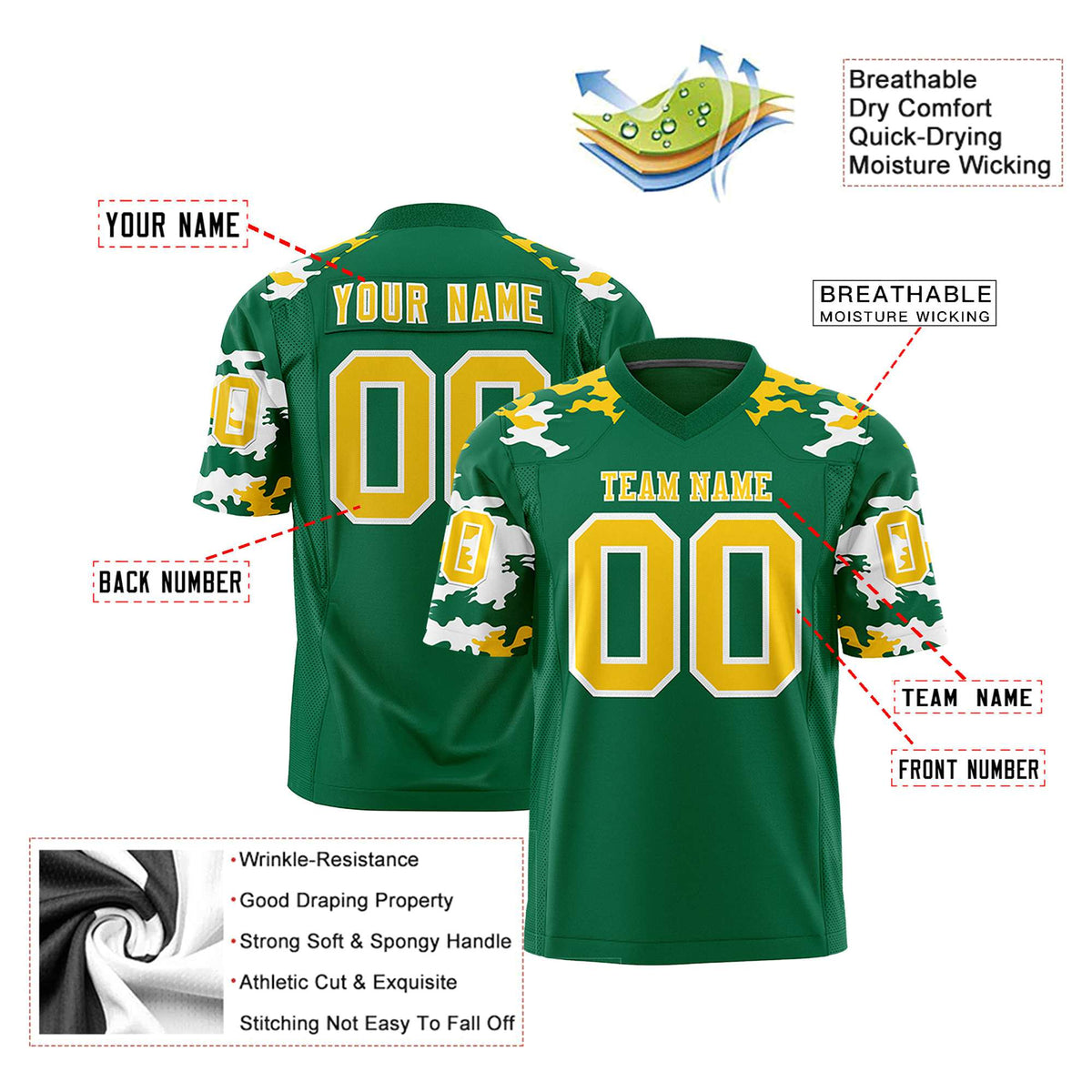 Custom Kelly Green Gold-White Mesh Camo Football Jersey