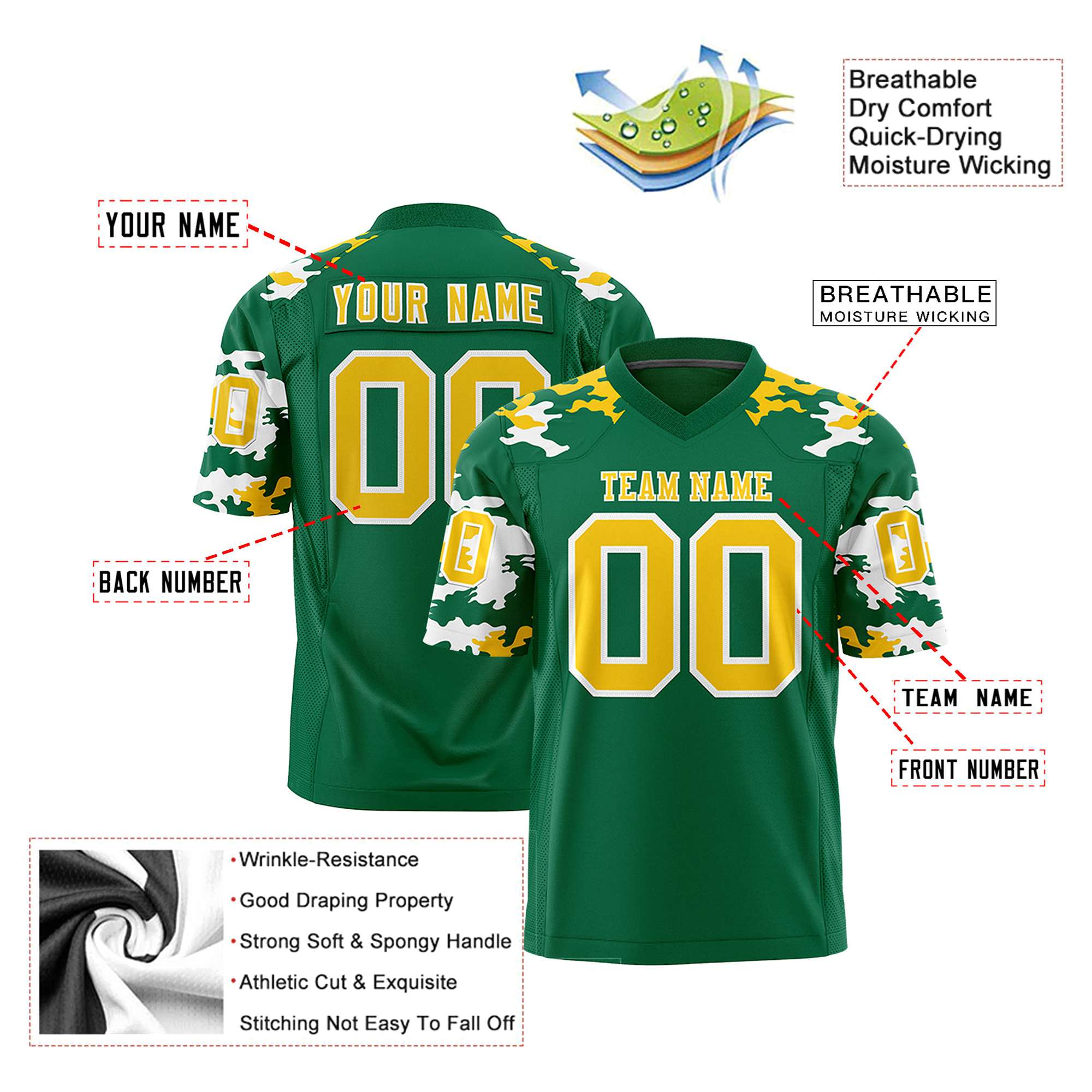 Custom Kelly Green Gold-White Mesh Camo Football Jersey