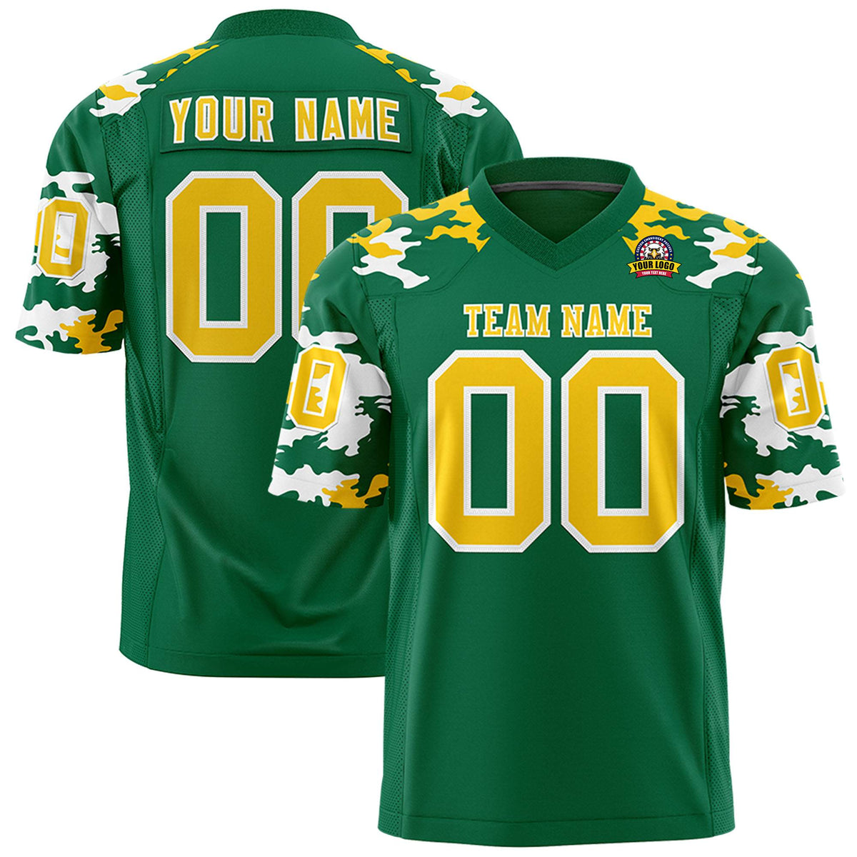 Custom Kelly Green Gold-White Mesh Camo Football Jersey