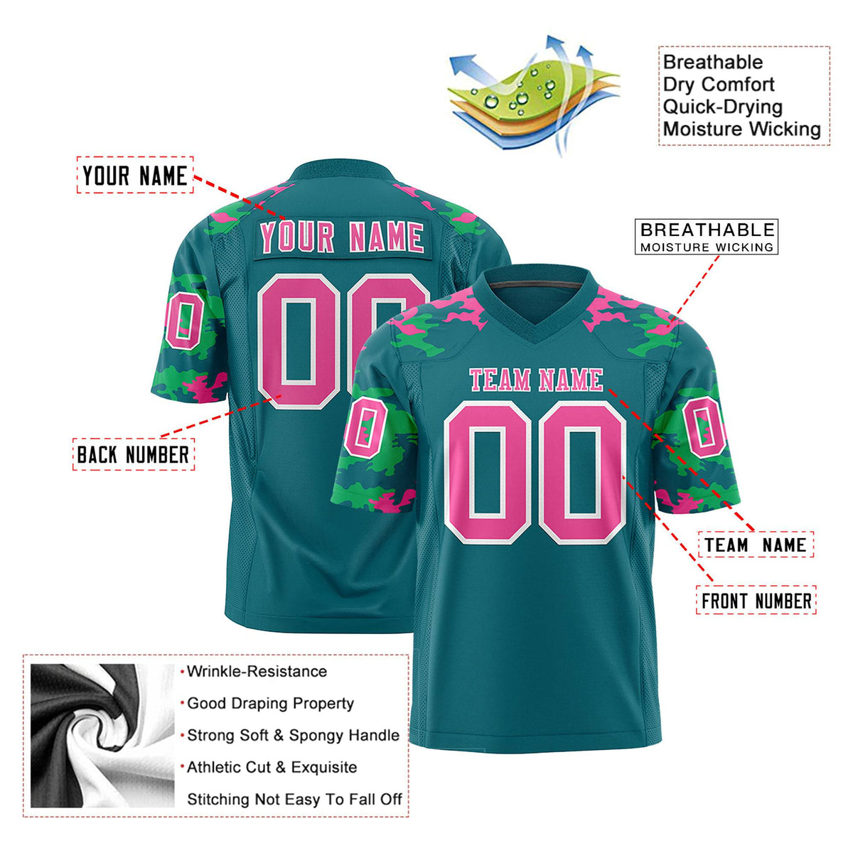 Custom Midnight-Green Pink-Green Mesh Camo Football Jersey