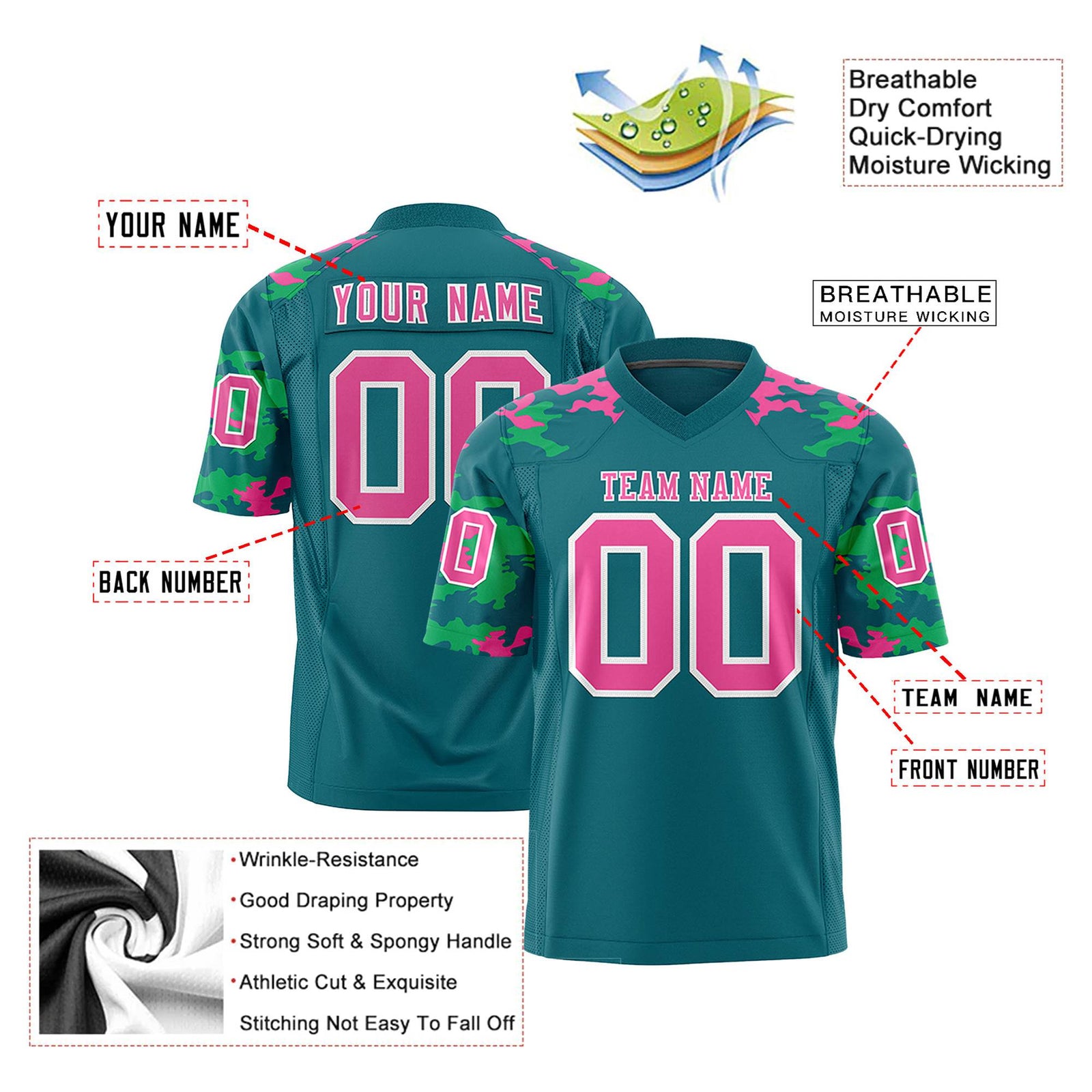 Custom Midnight-Green Pink-Green Mesh Camo Football Jersey