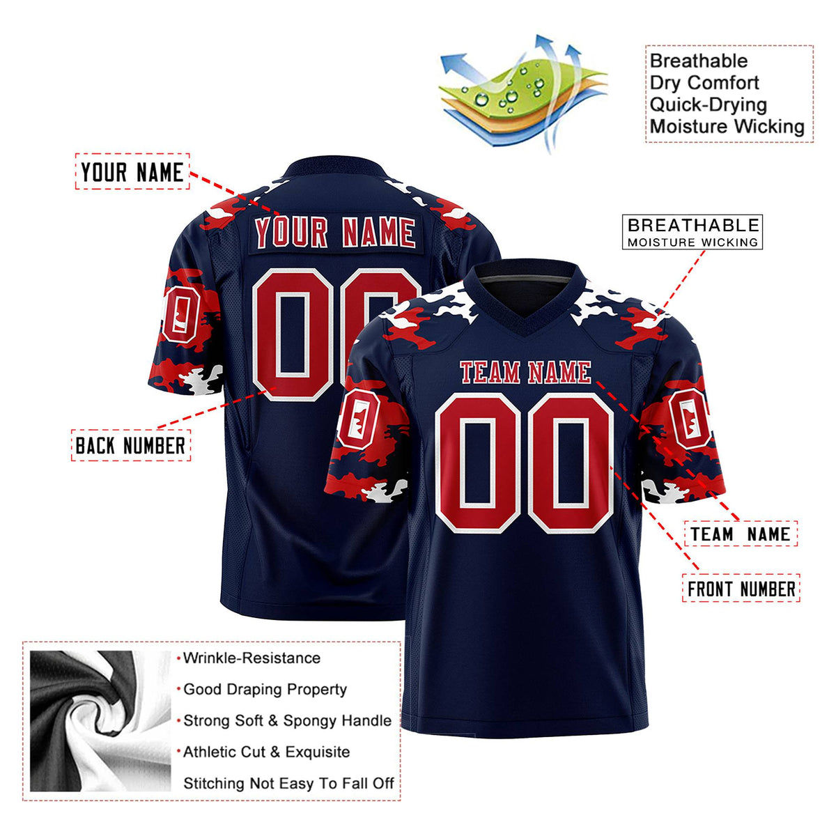 Custom Navy Red-White Mesh Camo Football Jersey
