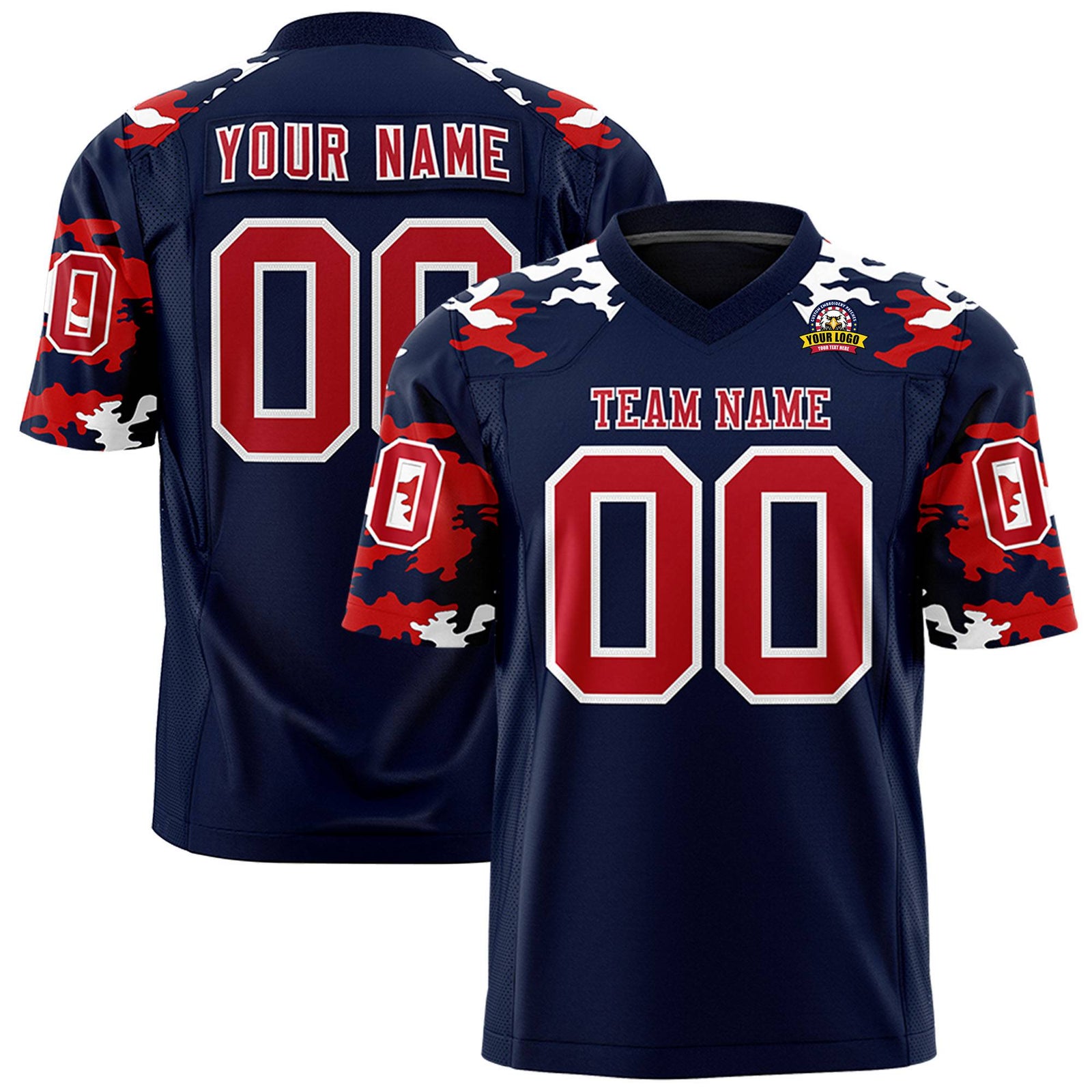 Custom Navy Red-White Mesh Camo Football Jersey