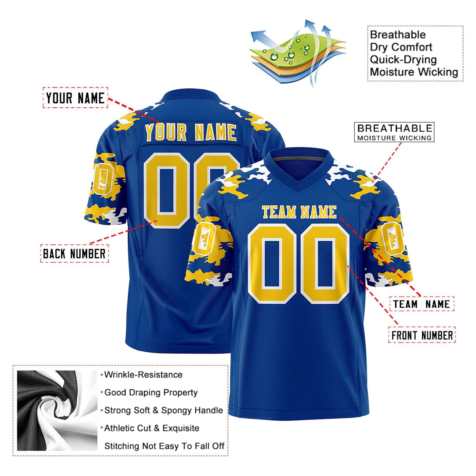 Custom Royal Blue Yellow-White Mesh Camo Football Jersey