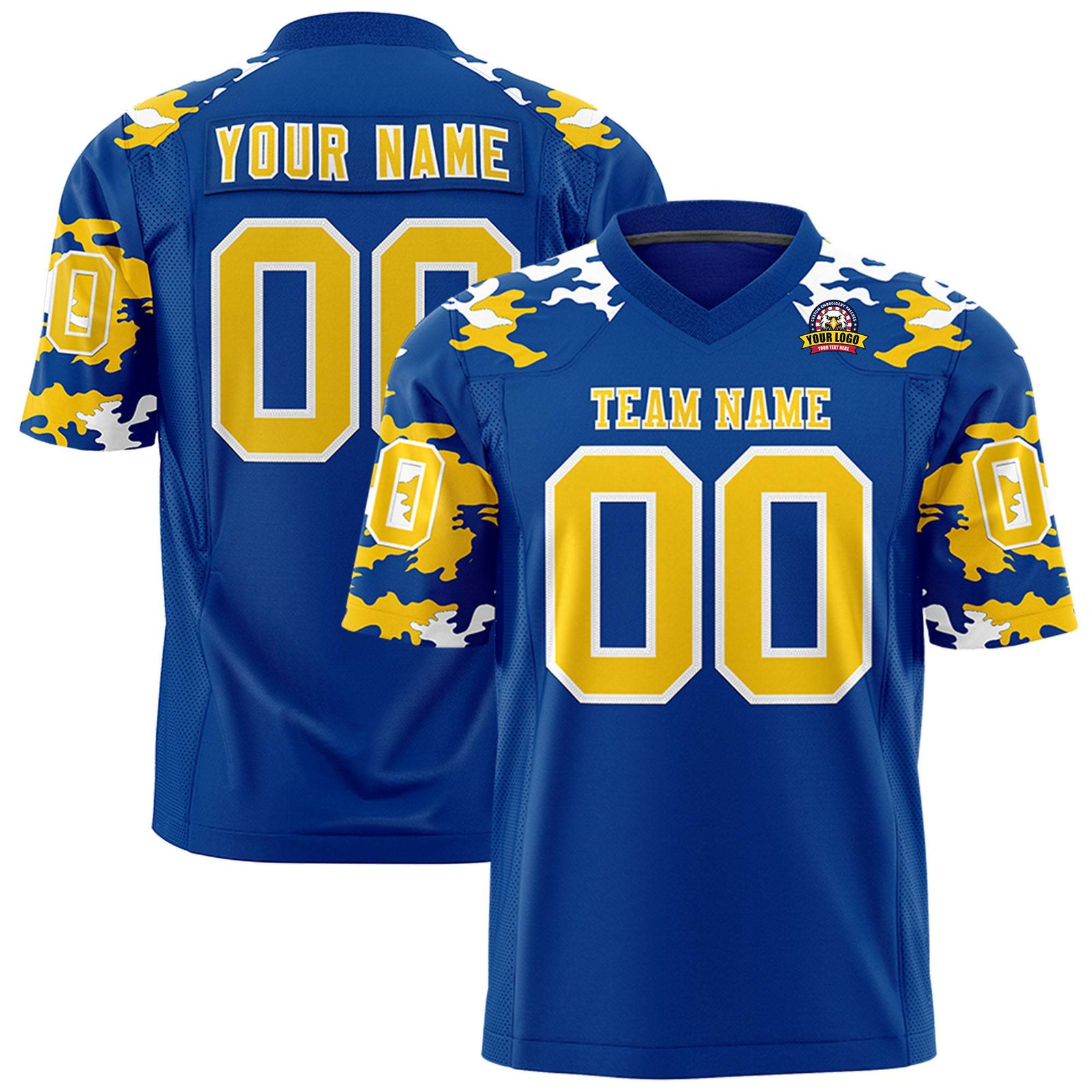Custom Royal Blue Yellow-White Mesh Camo Football Jersey