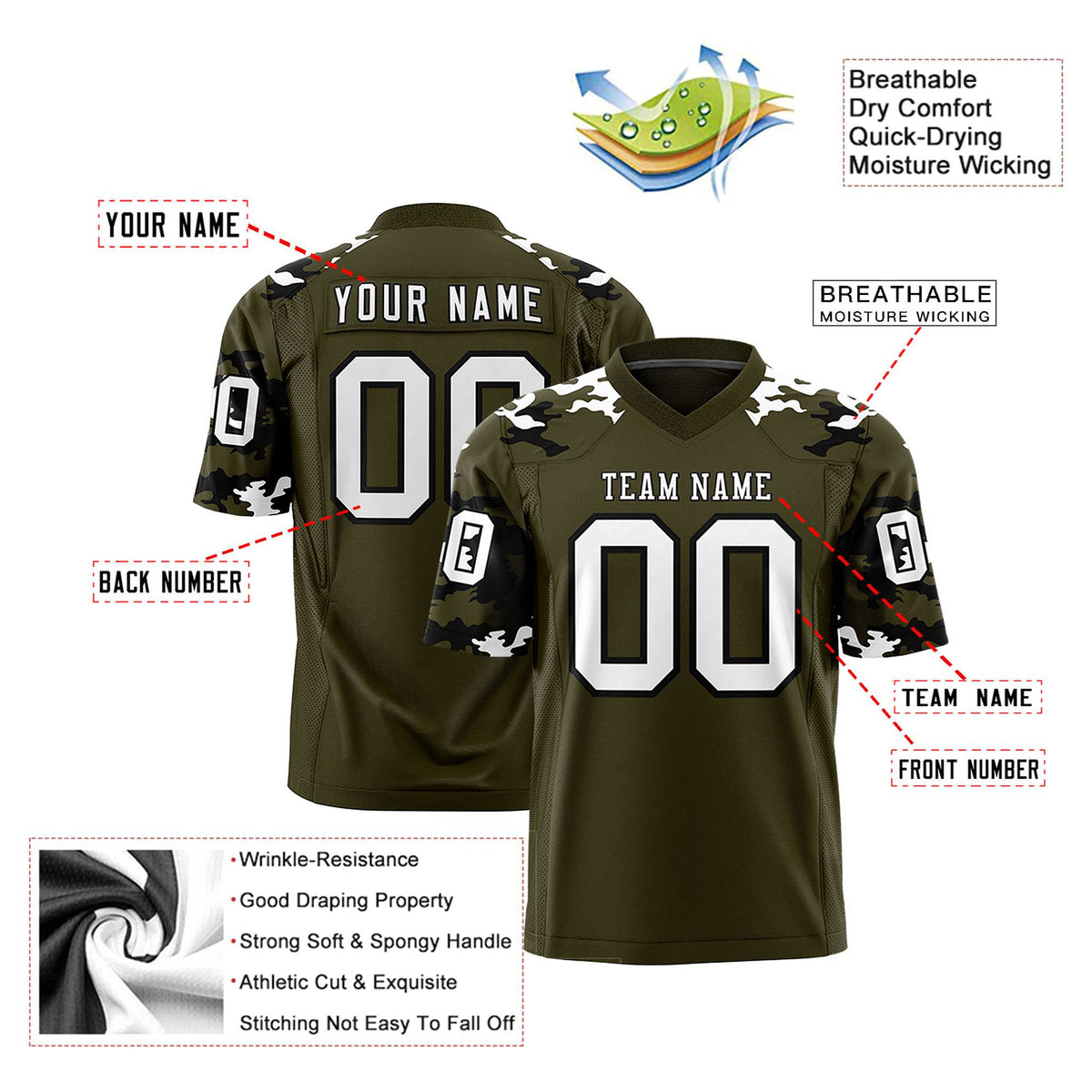 Custom Olive White-Black Mesh Camo Football Jersey