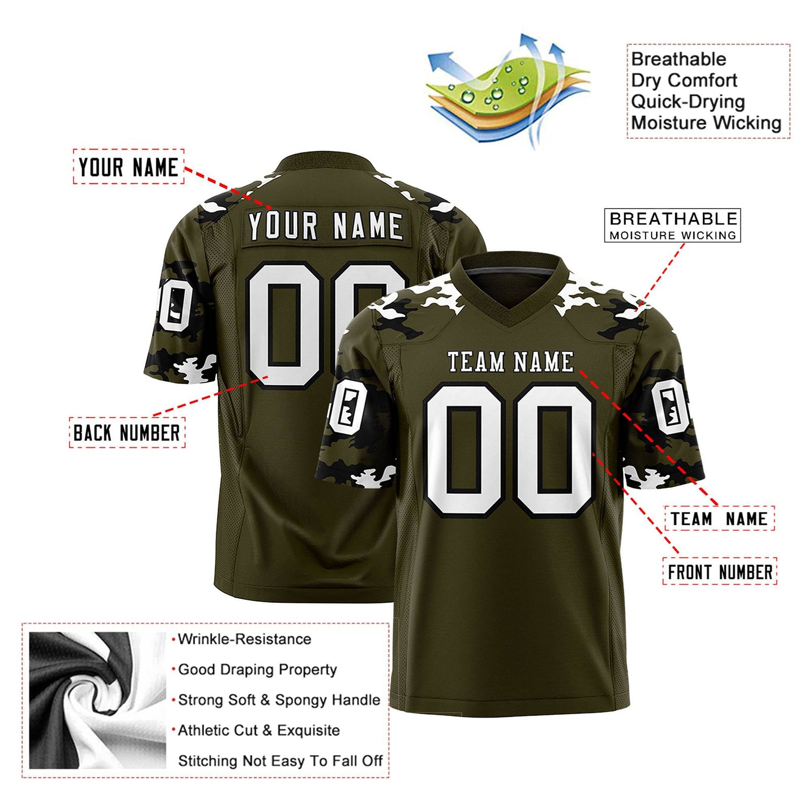 Custom Olive White-Black Mesh Camo Football Jersey