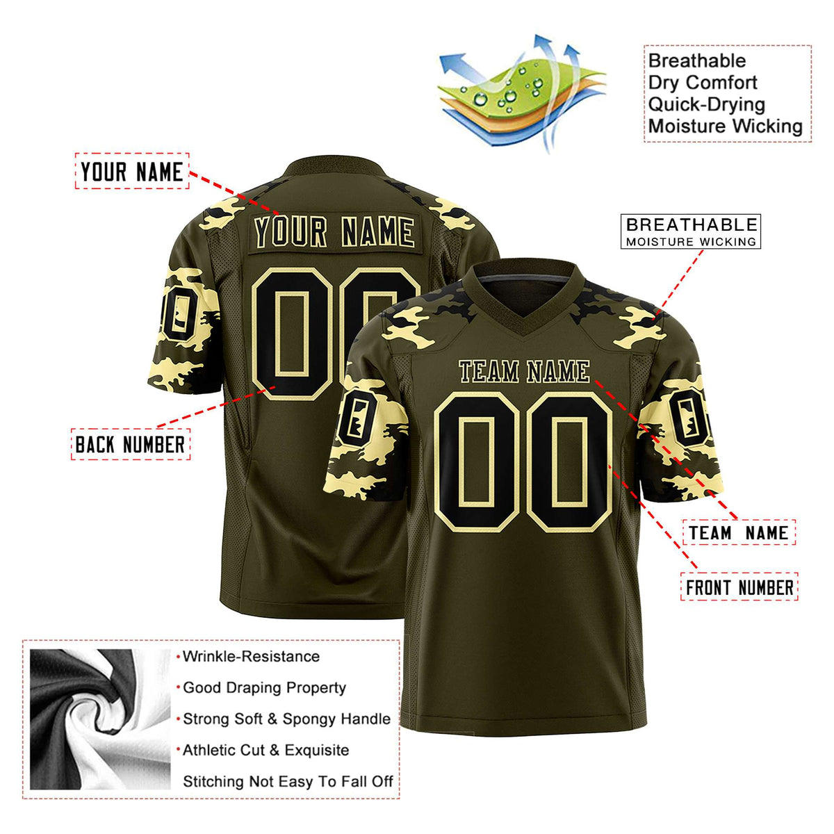 Custom Olive Black-Old Gold Mesh Camo Football Jersey