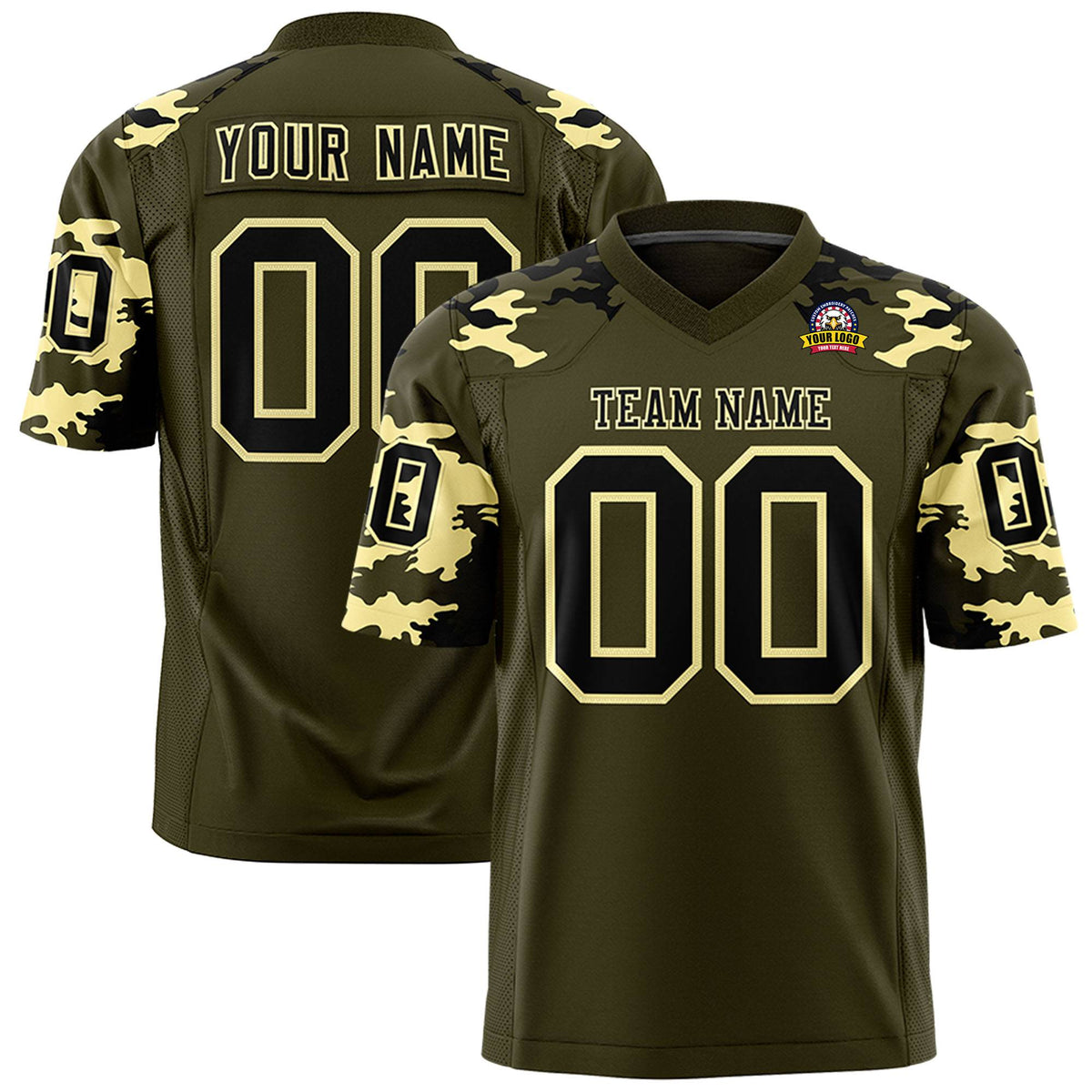 Custom Olive Black-Old Gold Mesh Camo Football Jersey