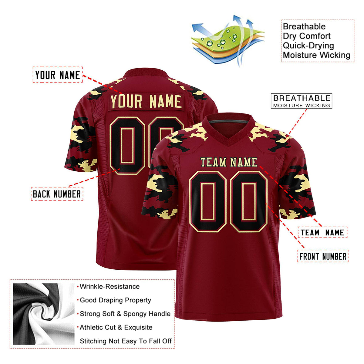 Custom Crimson Black-Old Gold Mesh Camo Football Jersey