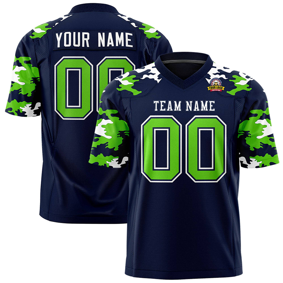 Custom Navy Neon Green-White Mesh Camo Football Jersey