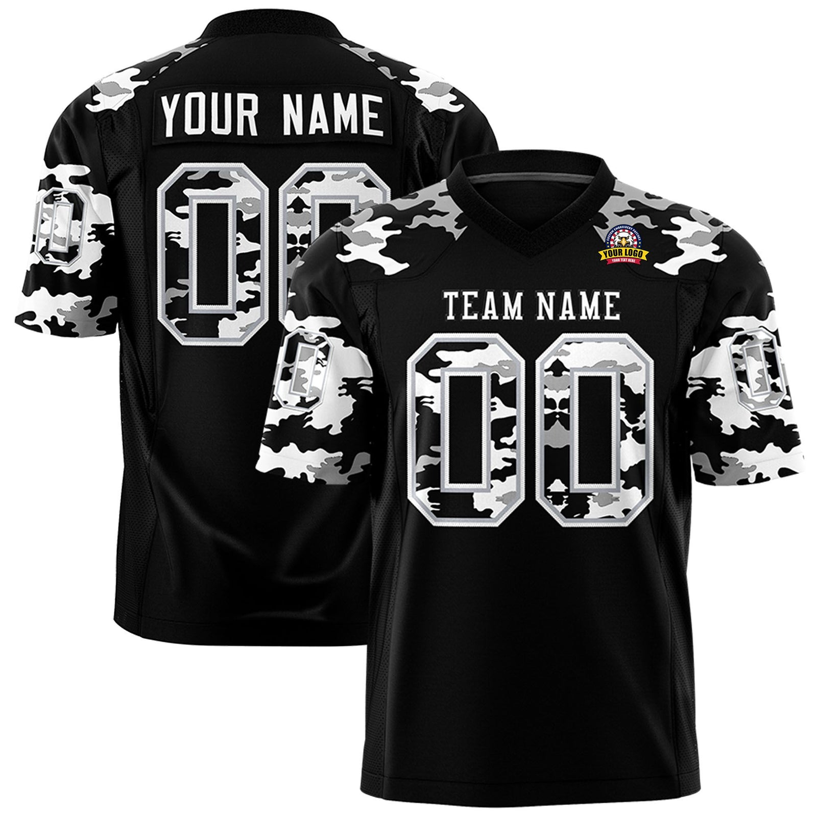 Custom Black Gray-White Mesh Camo Football Jersey