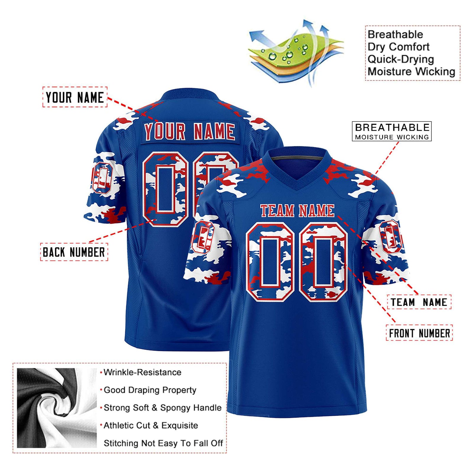 Custom Royal Blue Red-White Mesh Camo Football Jersey