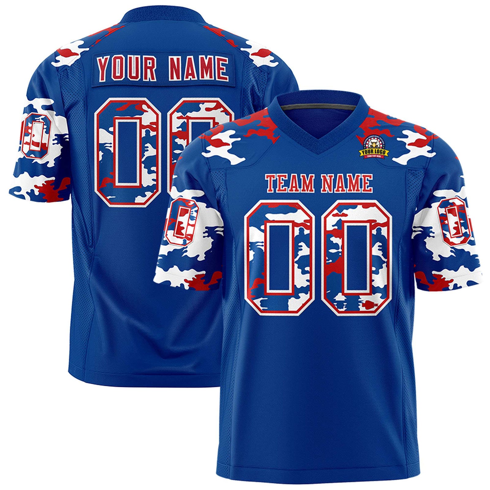 Custom Royal Blue Red-White Mesh Camo Football Jersey