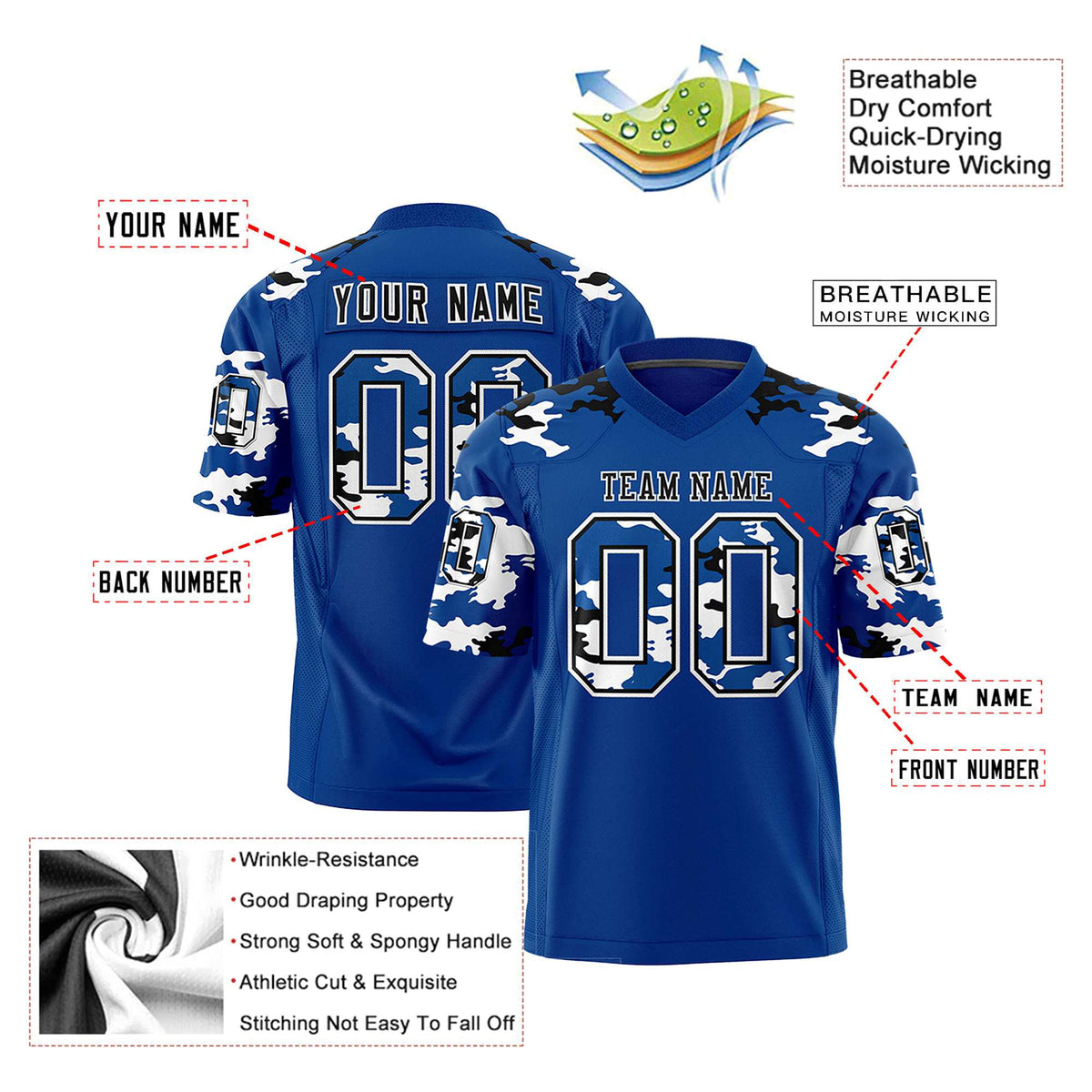 Custom Royal Blue Black-White Mesh Camo Football Jersey