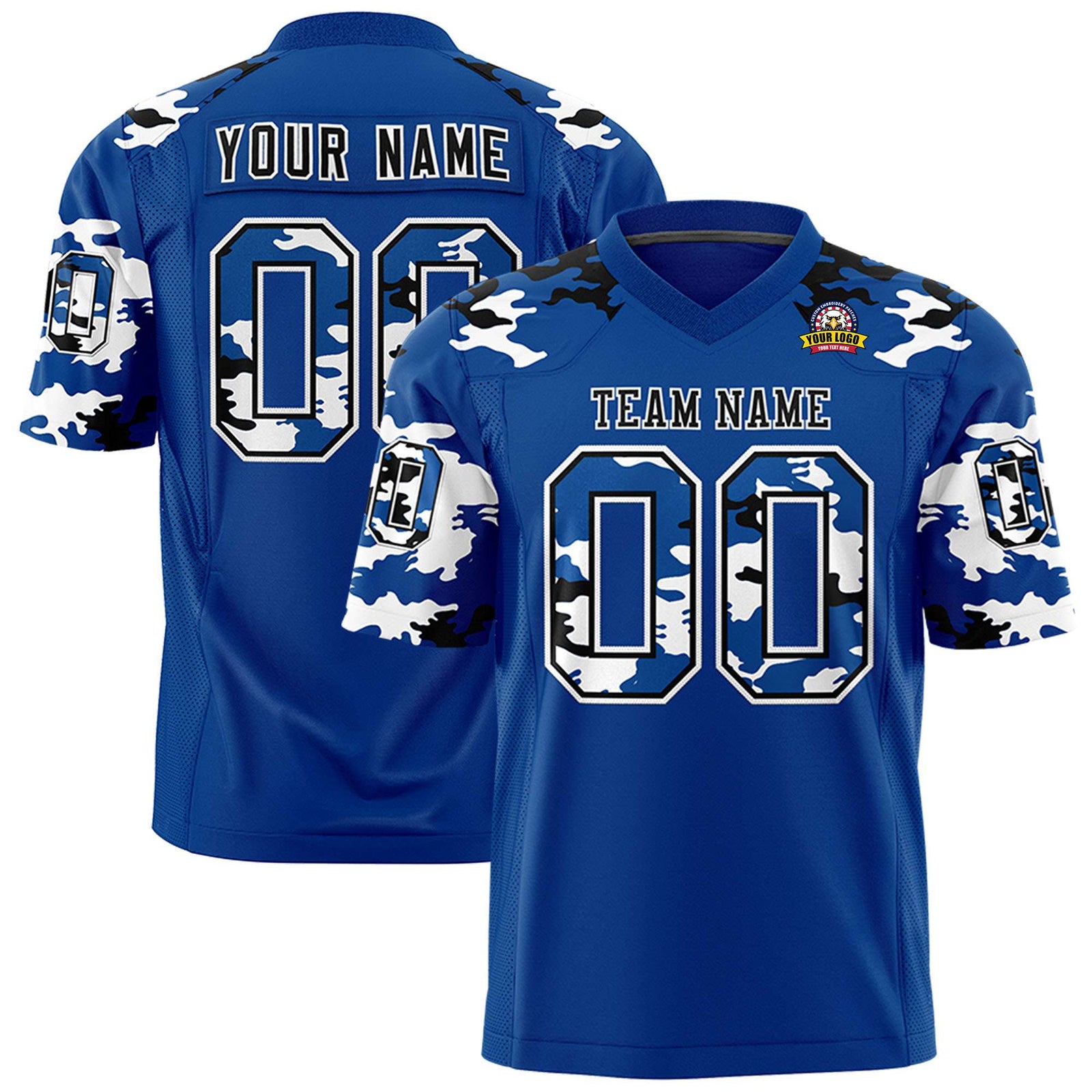 Custom Royal Blue Black-White Mesh Camo Football Jersey