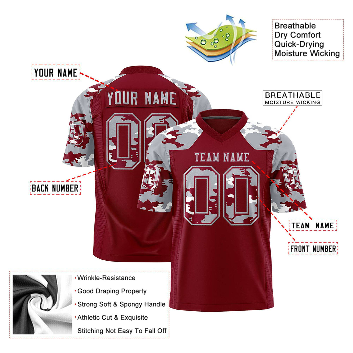 Custom Crimson Gray-White Mesh Camo Football Jersey