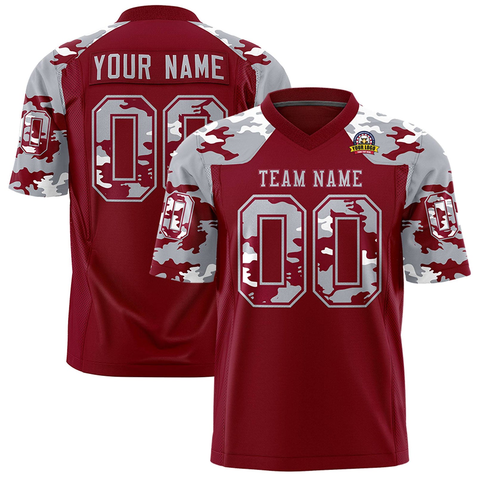 Custom Crimson Gray-White Mesh Camo Football Jersey