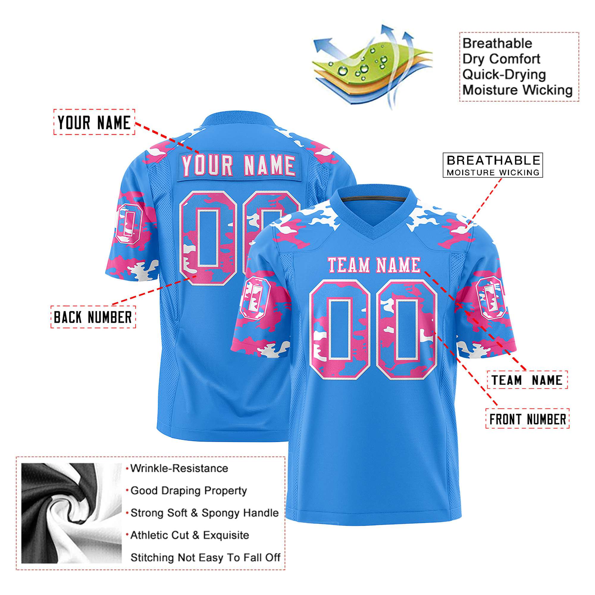 Custom Powder Blue Pink-White Mesh Camo Football Jersey