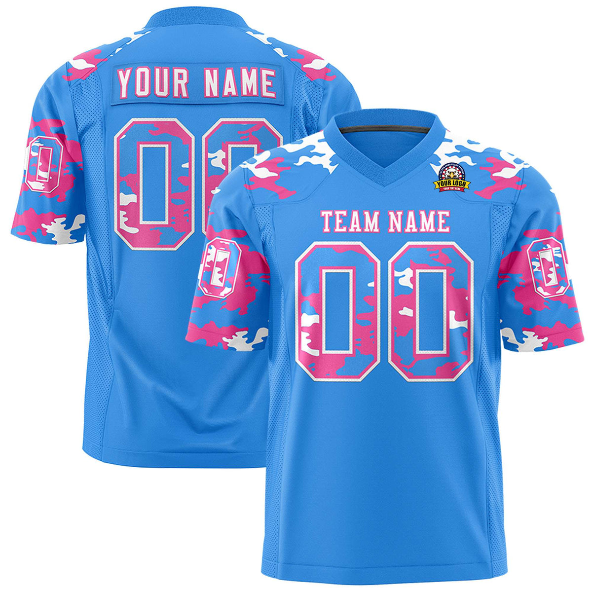 Custom Powder Blue Pink-White Mesh Camo Football Jersey