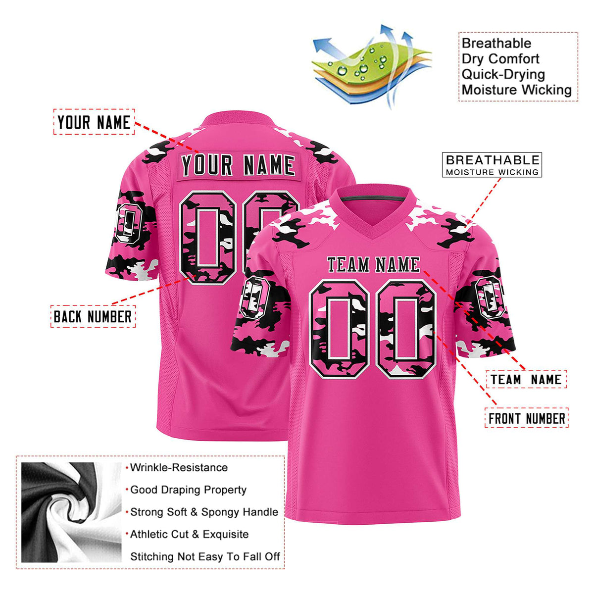 Custom Pink Black-White Mesh Camo Football Jersey