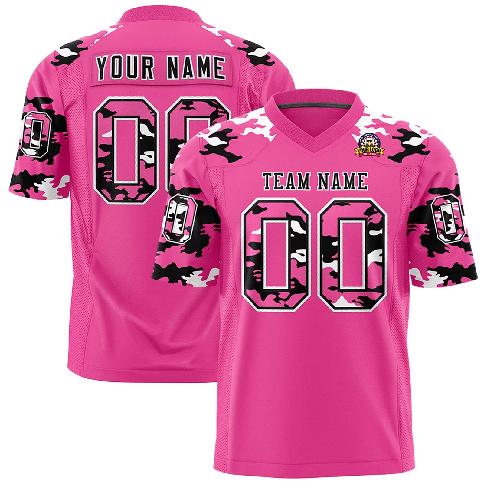 Custom Pink Black-White Mesh Camo Football Jersey