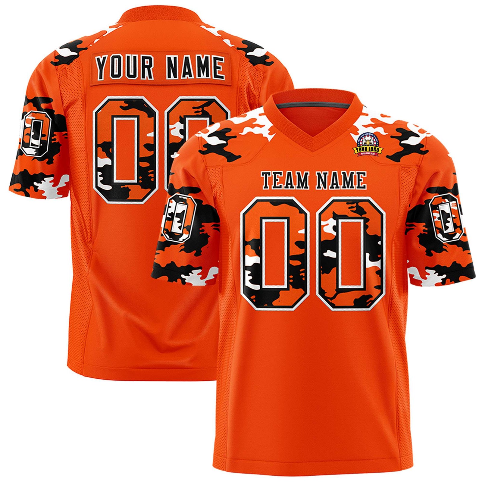 Custom Orange Black-White Mesh Camo Football Jersey