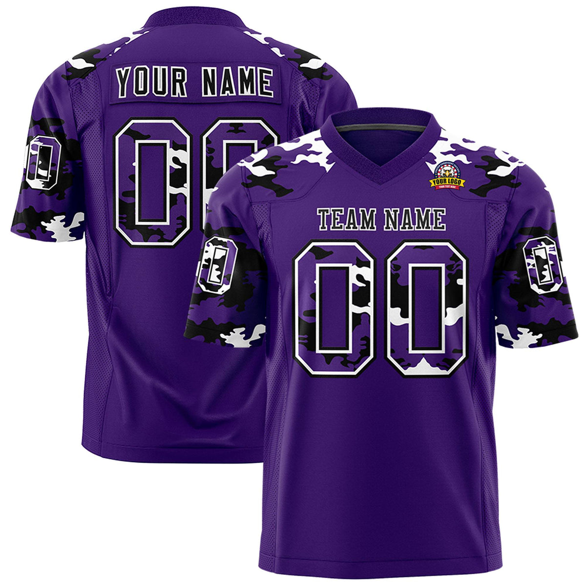 Custom Purple Black-White Mesh Camo Football Jersey