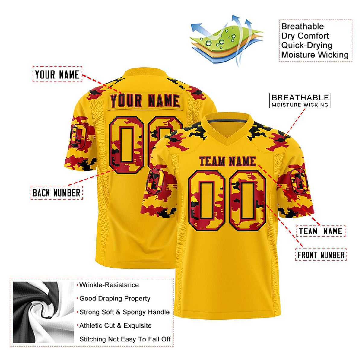 Custom Gold 01 Red-Black Mesh Camo Football Jersey