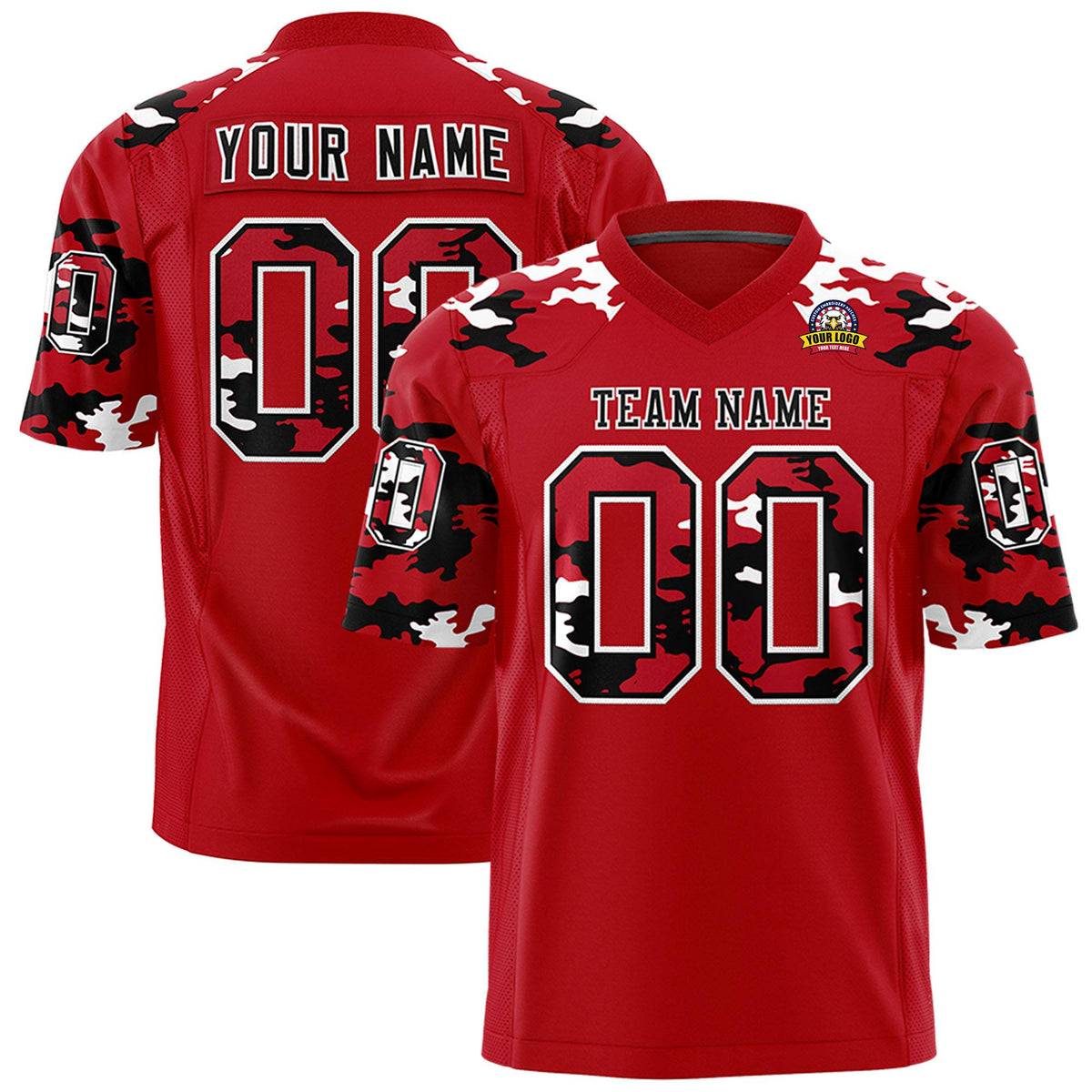 Custom Red Black-White Mesh Camo Football Jersey