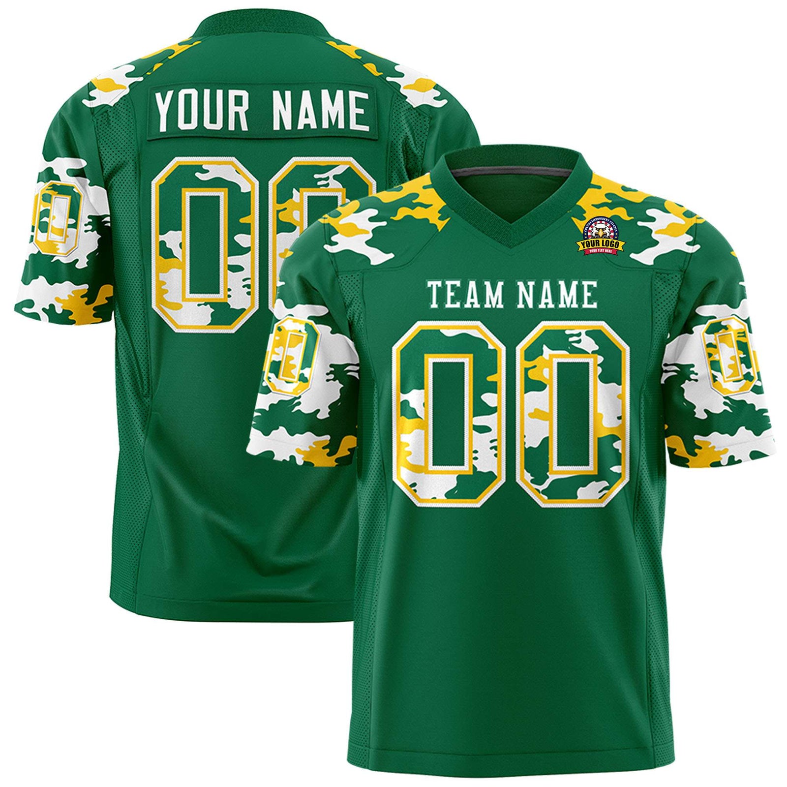 Custom Kelly Green Yellow-White Mesh Camo Football Jersey