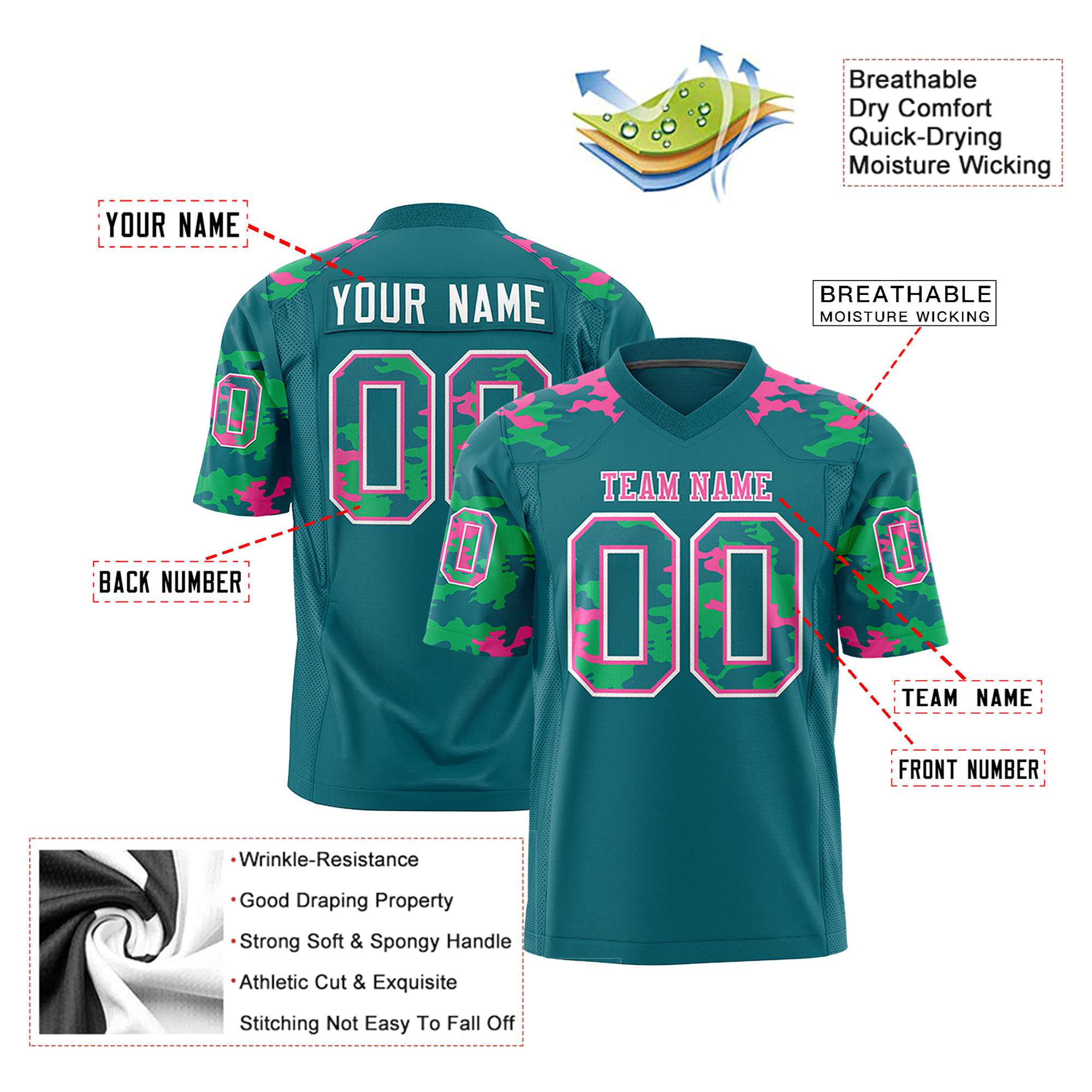 Custom Aqua Pink-Green Mesh Camo Football Jersey