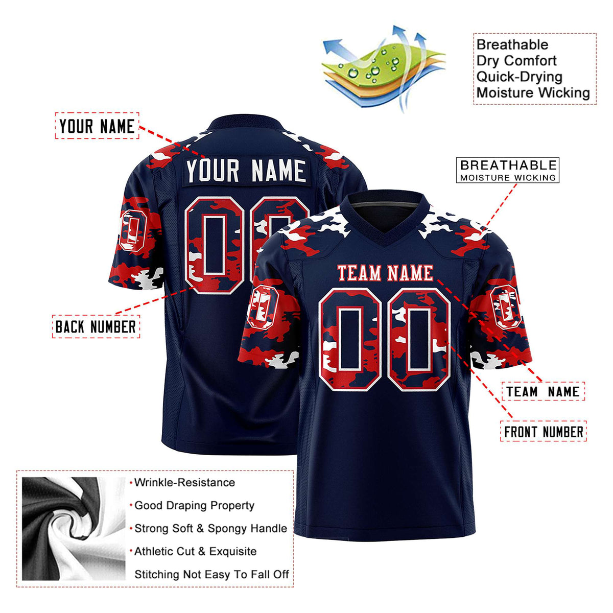 Custom Navy Red-White Mesh Camo Football Jersey