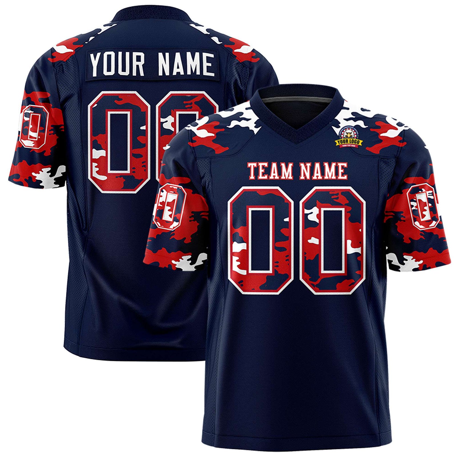 Custom Navy Red-White Mesh Camo Football Jersey
