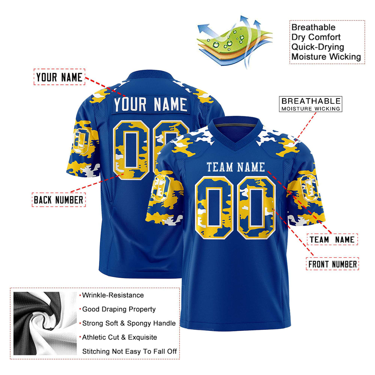Custom Royal Blue Yellow-White Mesh Camo Football Jersey