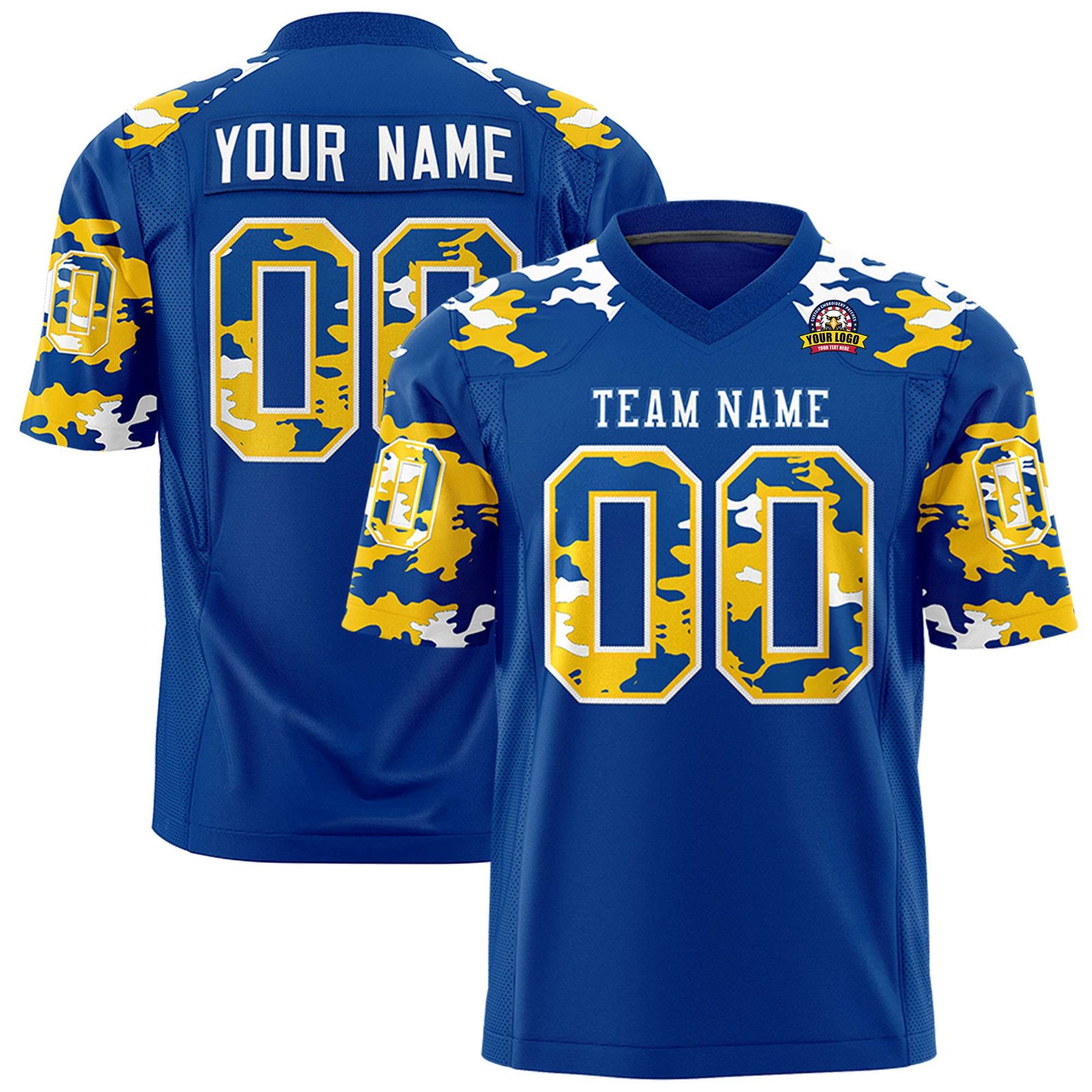 Custom Royal Blue Yellow-White Mesh Camo Football Jersey