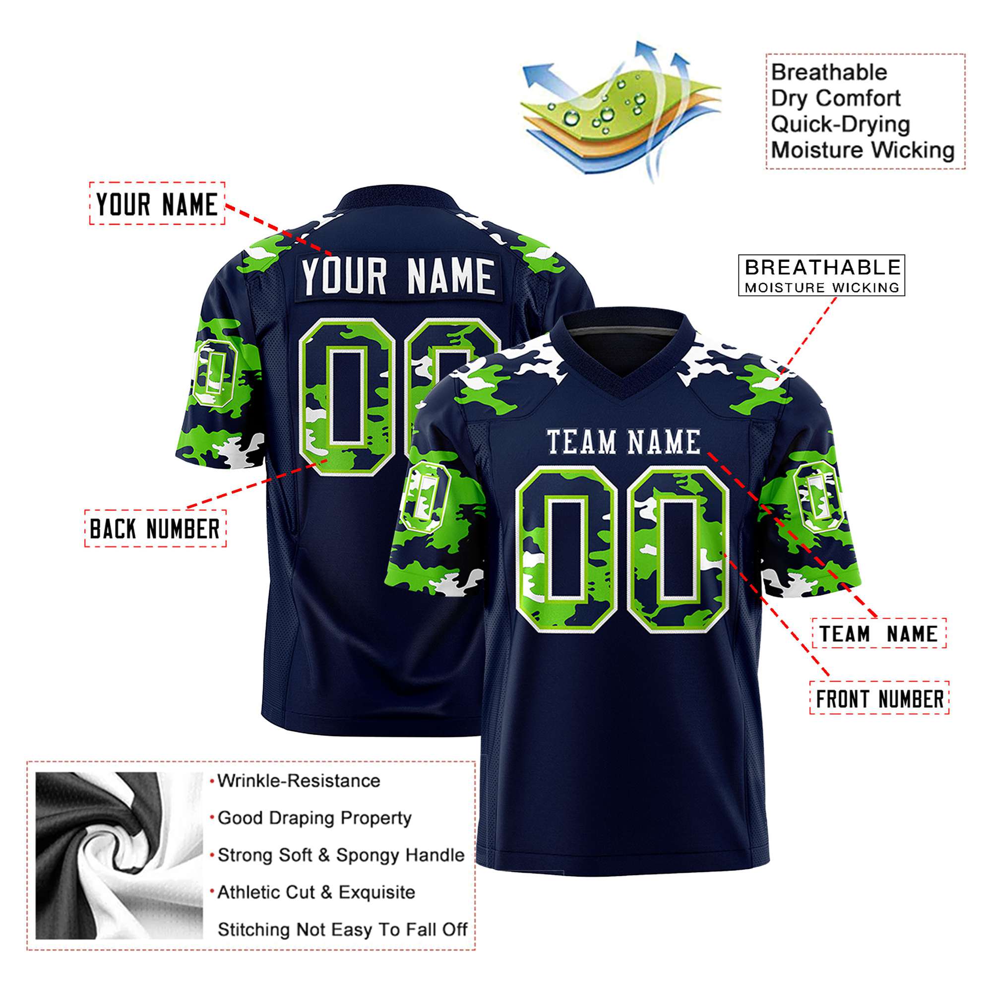 Custom Navy Neon Green-White Mesh Camo Football Jersey