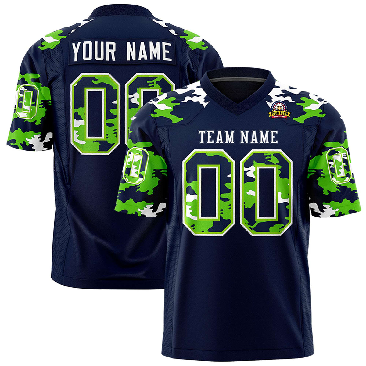 Custom Navy Neon Green-White Mesh Camo Football Jersey