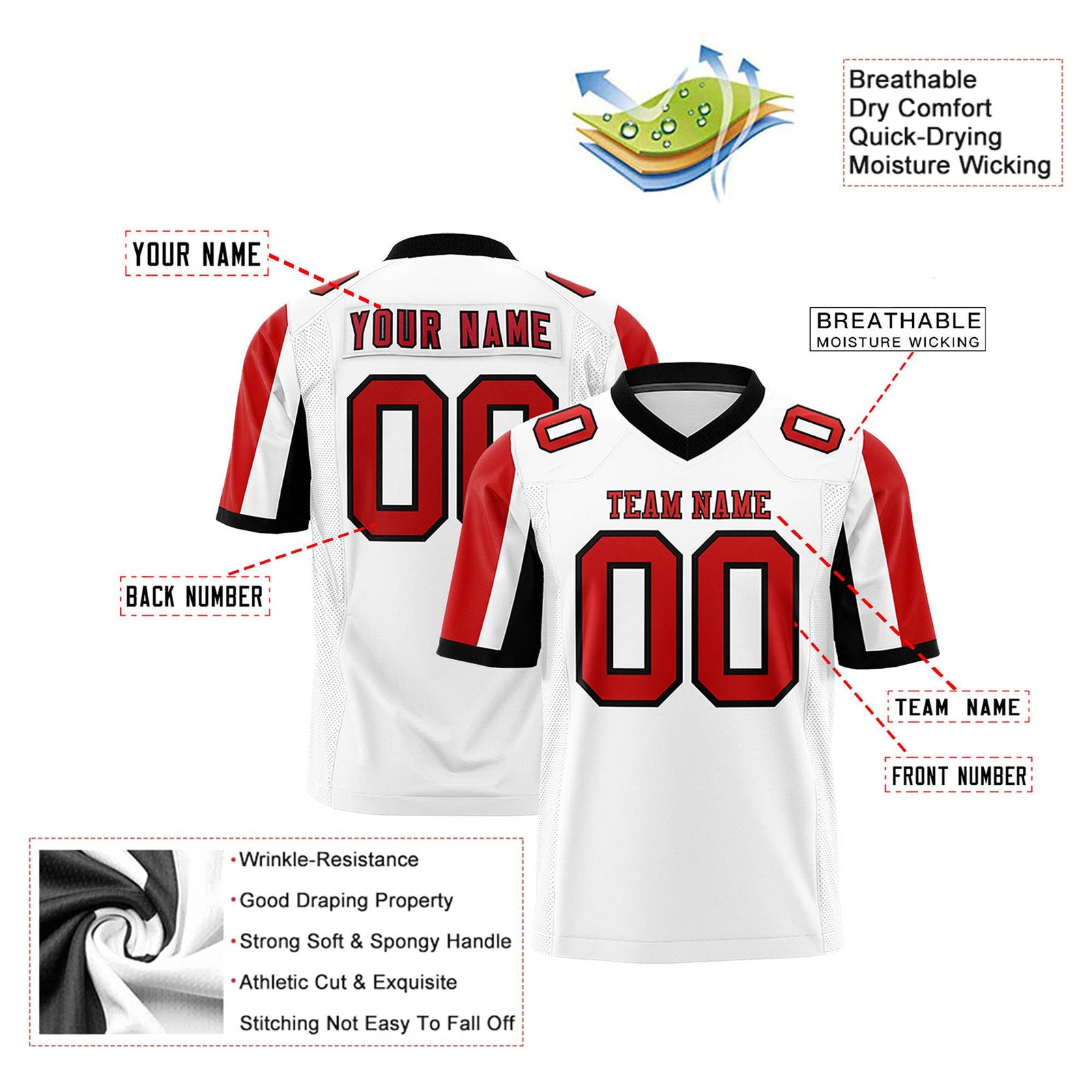 Custom White Red-Black Color Block Personalized Raglan Sleeves Authentic Football Jersey