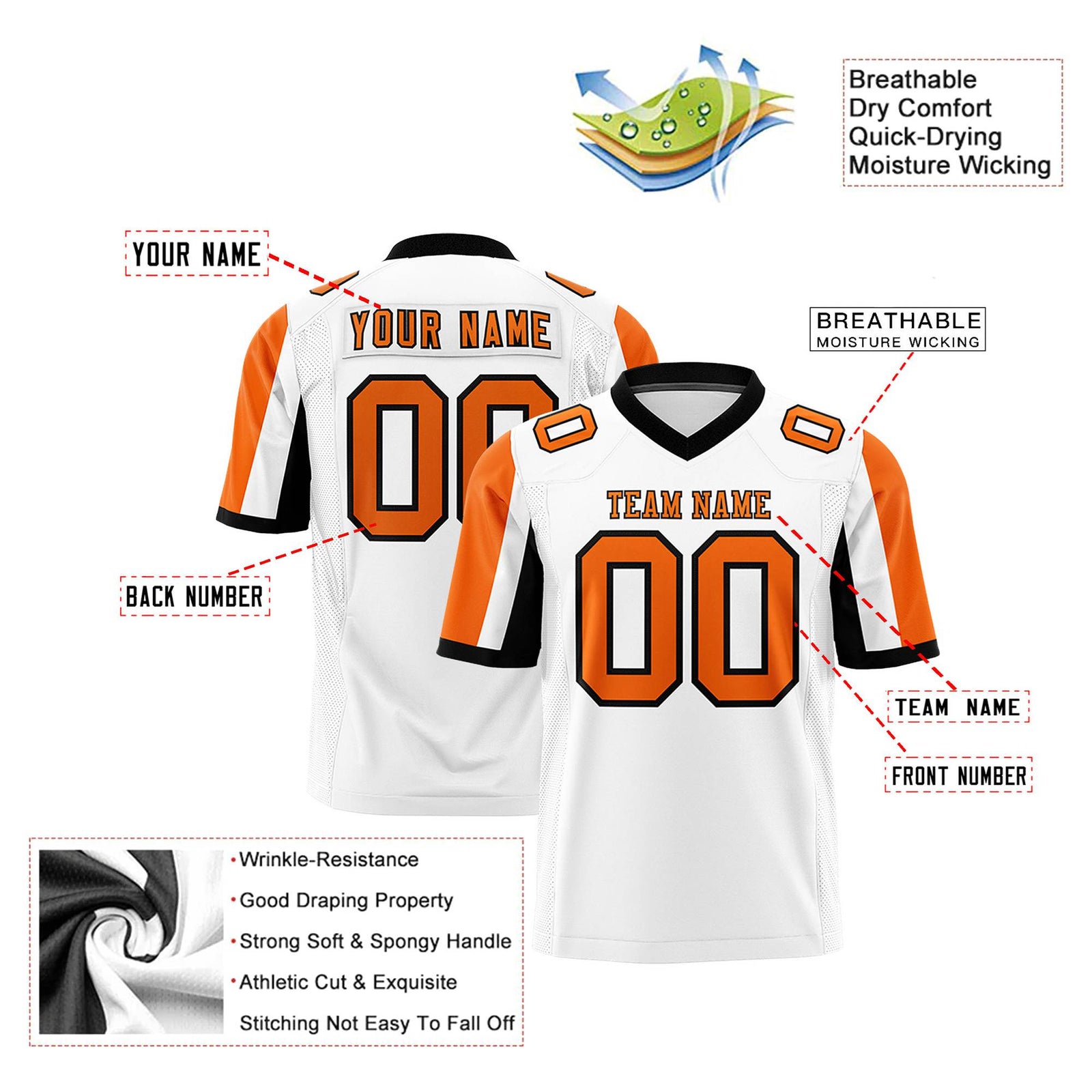 Custom White Orange-Black Color Block Personalized Raglan Sleeves Authentic Football Jersey