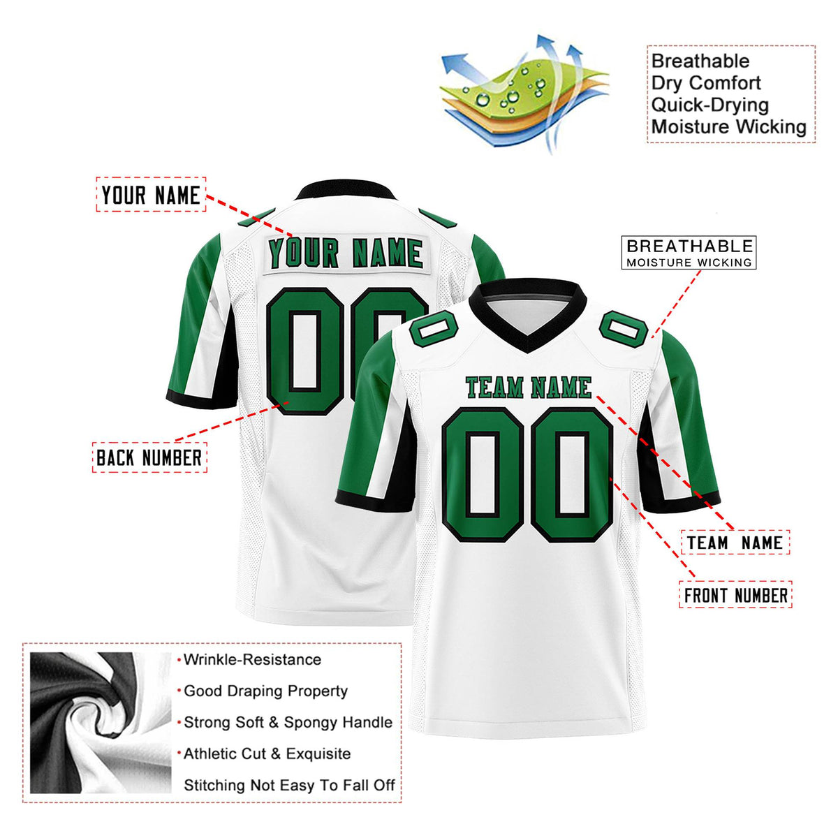 Custom White Kelly Green-Black Color Block Personalized Raglan Sleeves Authentic Football Jersey