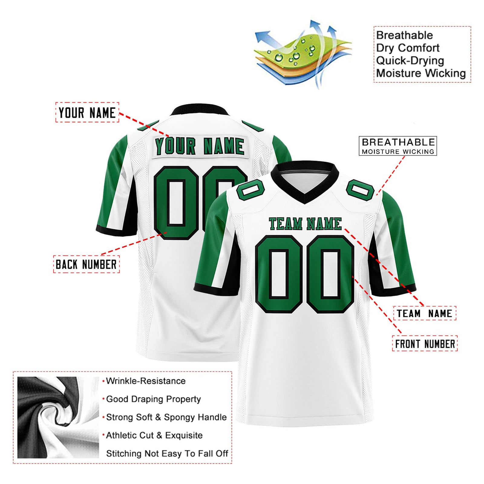 Custom White Kelly Green-Black Color Block Personalized Raglan Sleeves Authentic Football Jersey